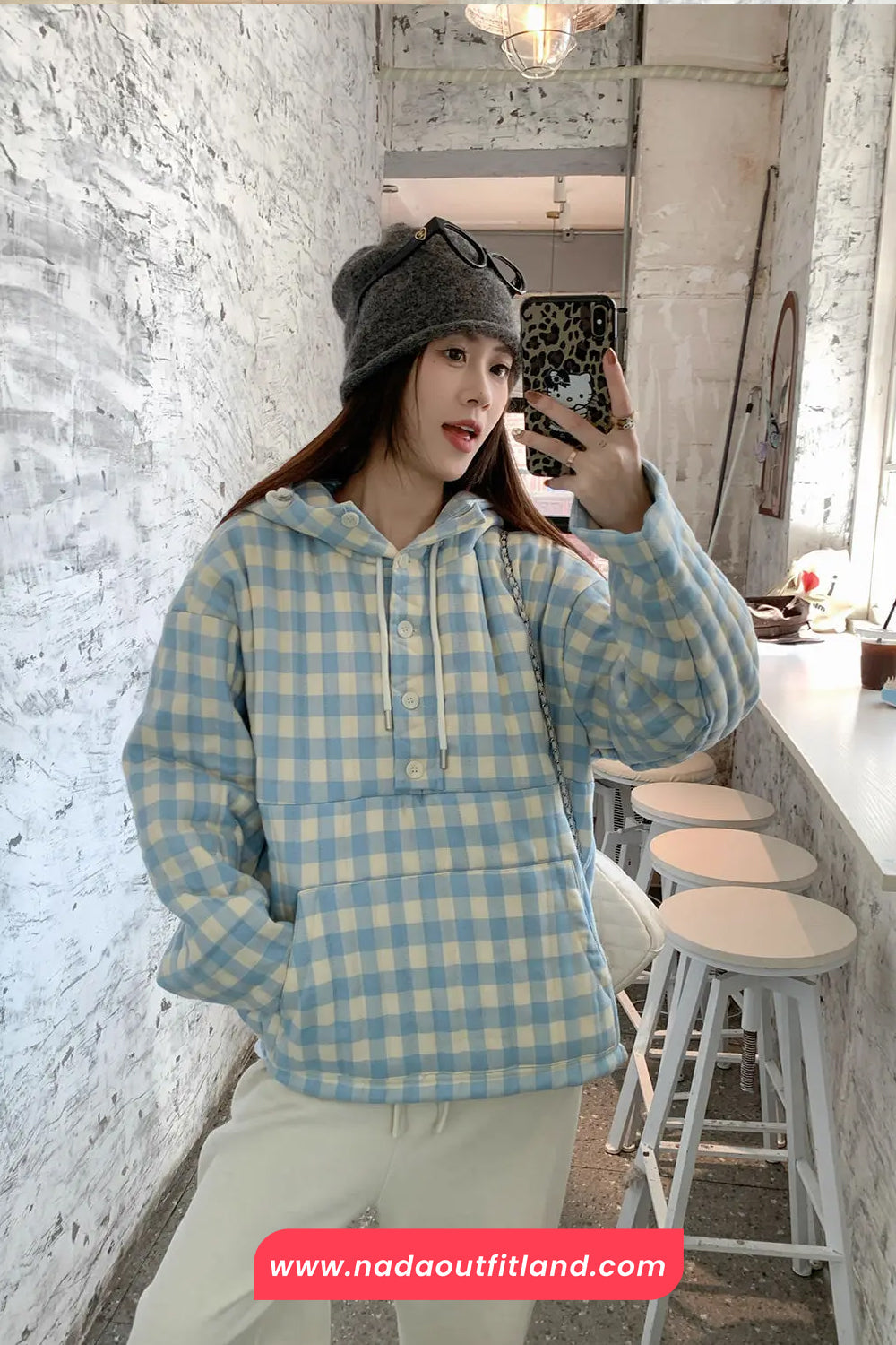 Long Sleeve Blue Plaid Hooded Puffer Coat Jacket