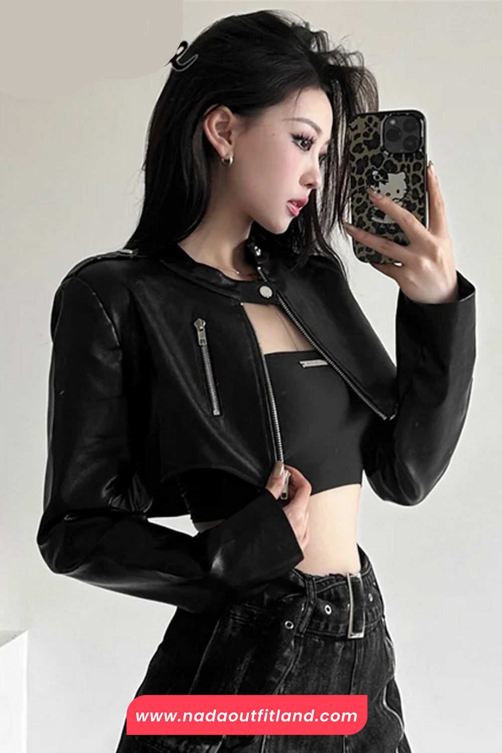 Long Sleeve Classic Cropped Leather Black Jacket