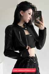 Long Sleeve Classic Cropped Leather Black Jacket