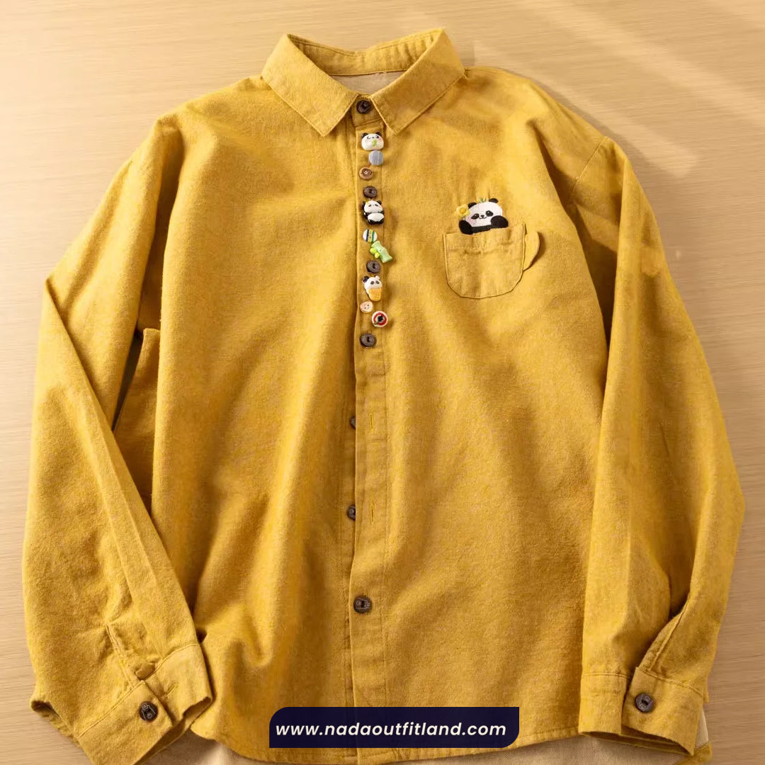 Long Sleeve Cute Panda Embroidered Button Blouse Shirt