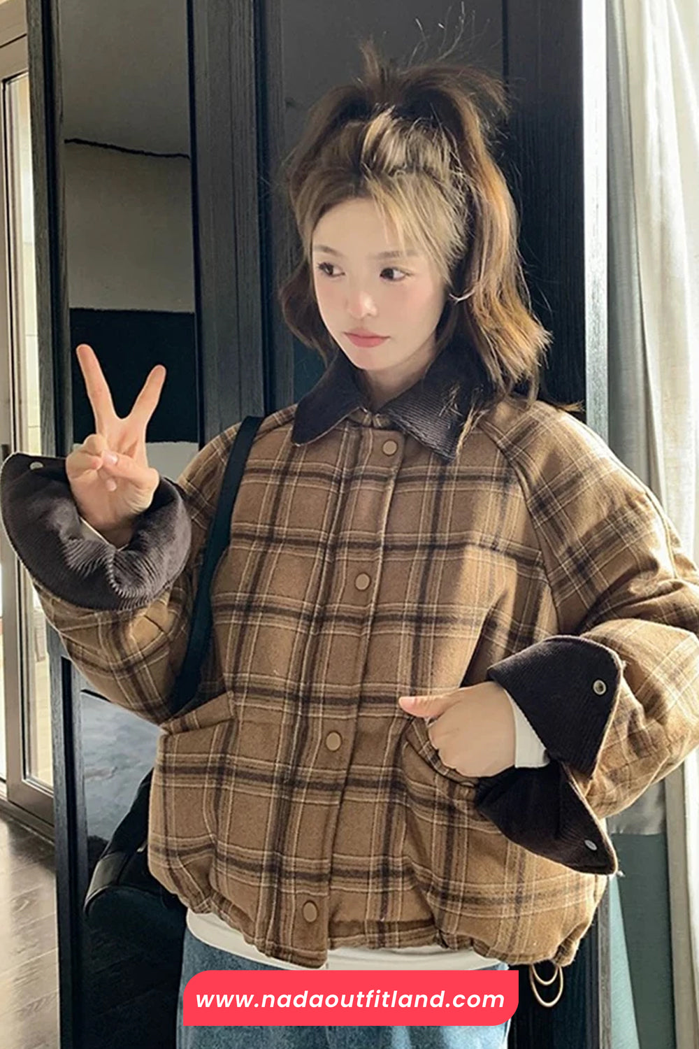 Long Sleeve Turn Down Collar Retro Plaid Thick Jacket