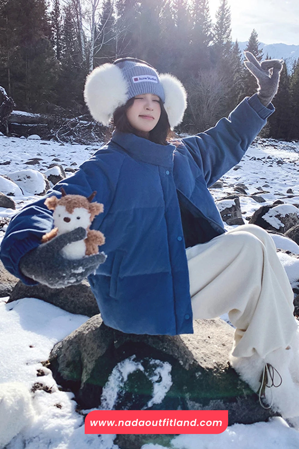 Vintage Blue Stand Collar Puffer Coat Jacket