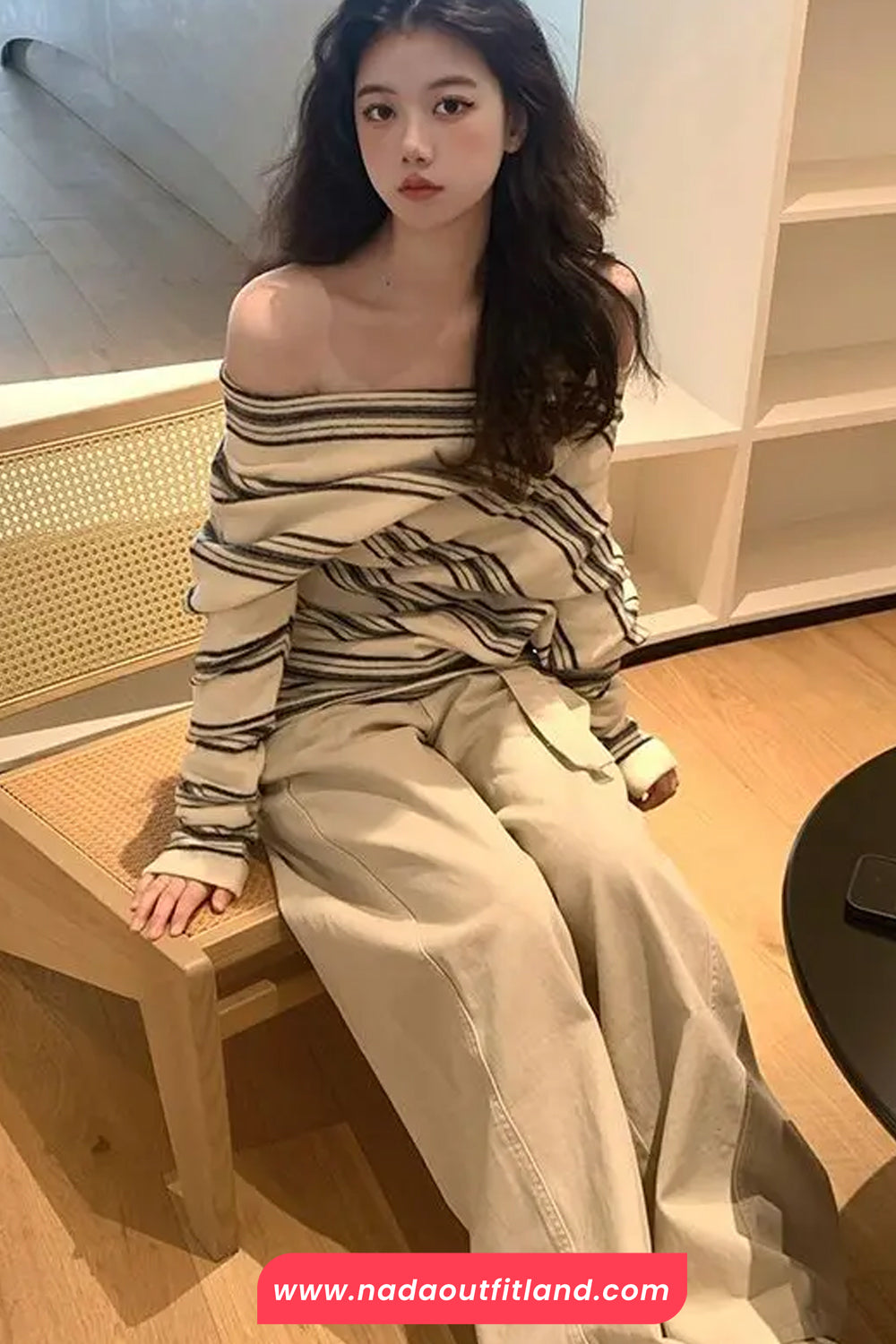 Long Sleeve Slash Neck Striped Casual Shirt