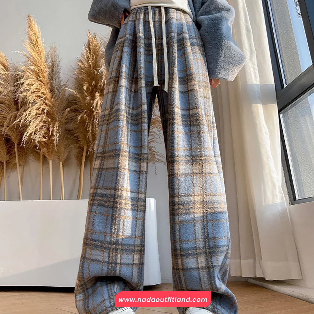 High Waist Retro Thicken Plaid Fleece Long Pants
