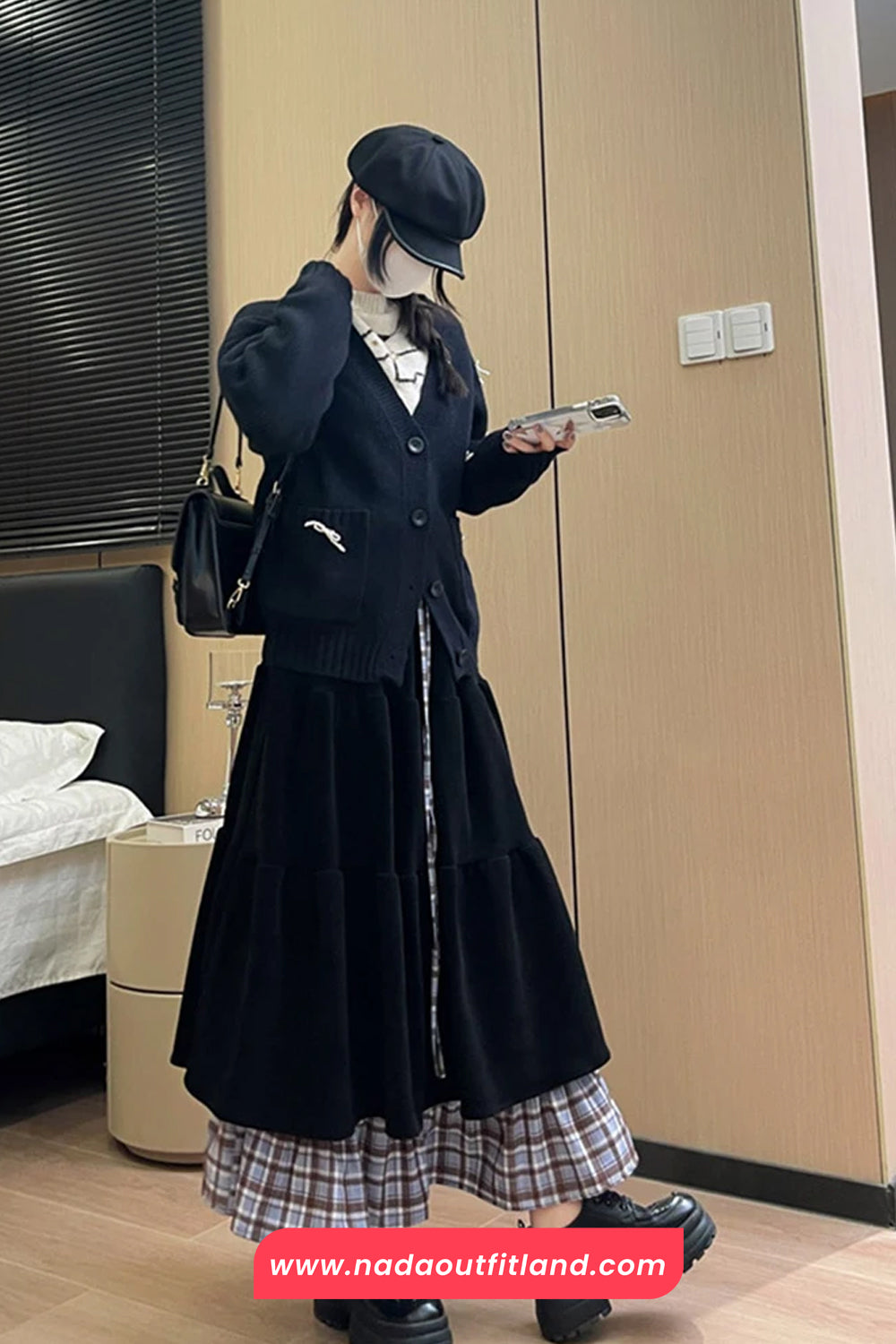 High Waist Retro Plaid Patchwork Corduroy Fake Two Long Skirts