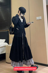 High Waist Retro Plaid Patchwork Corduroy Fake Two Long Skirts