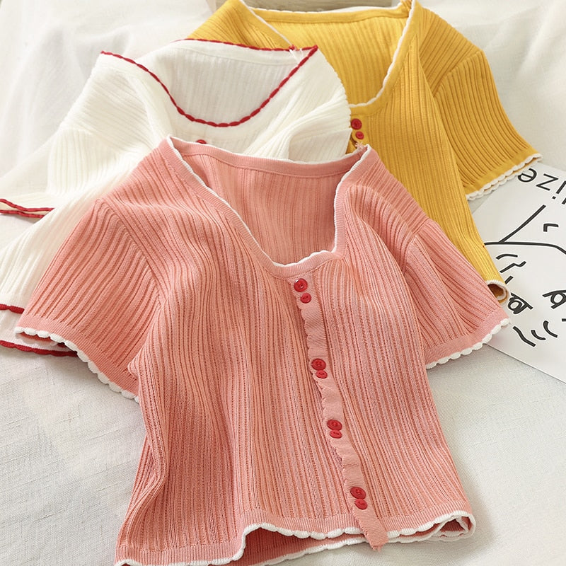 Button Up V-Neck Knitted Crop Tops