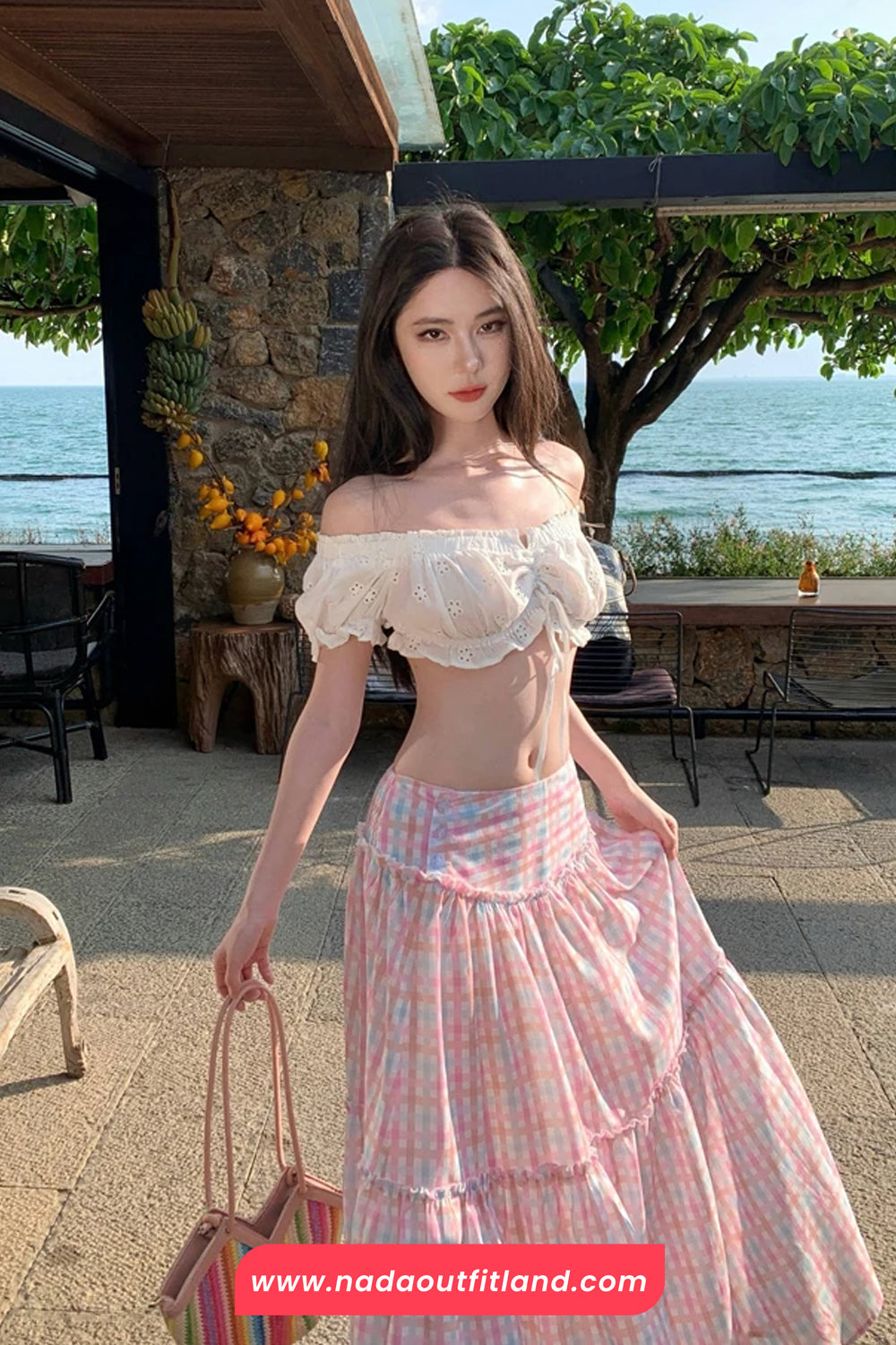 Casual A-Line Design Pink Plaid Midi Skirts