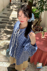 Long Sleeve Bow Lace Up Ruffled Blue Plaid Blouse Shirt
