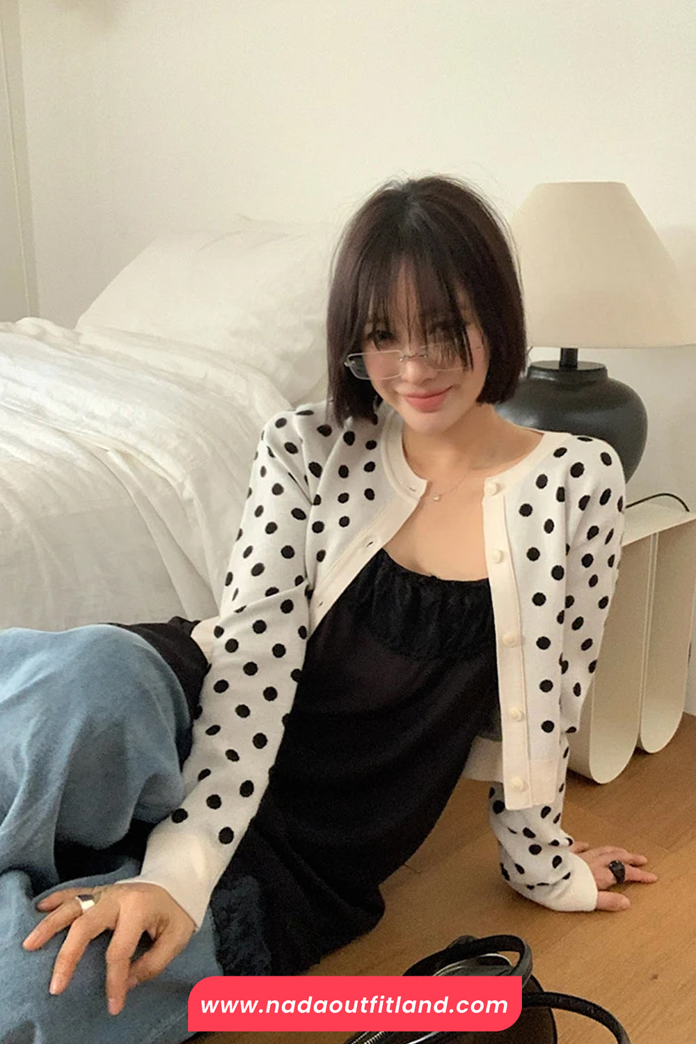Long Sleeve Polka Dots Pattern Cropped Cardigan Sweater