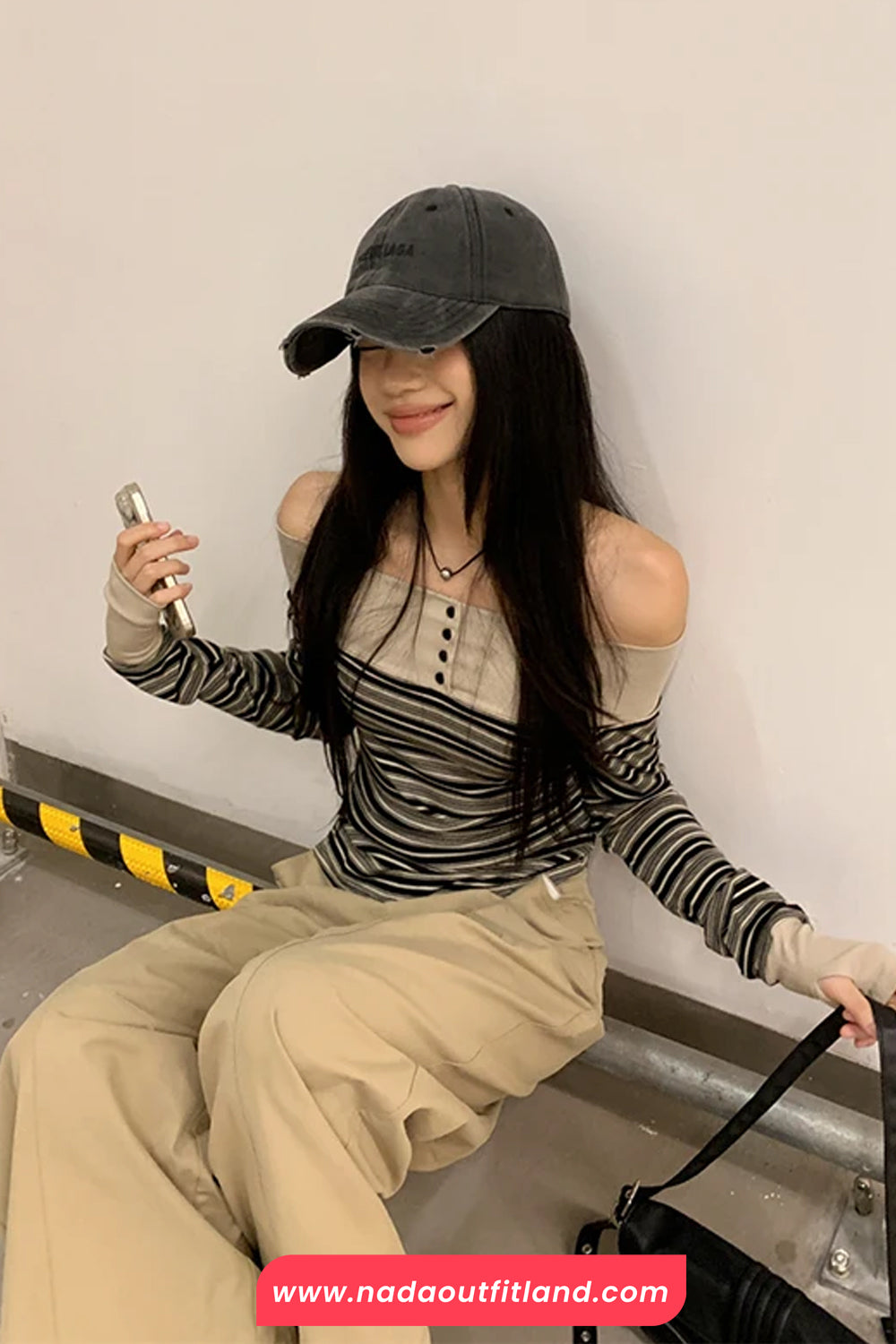 Long Sleeve Slash Neck Striped Cropped Slim Shirt