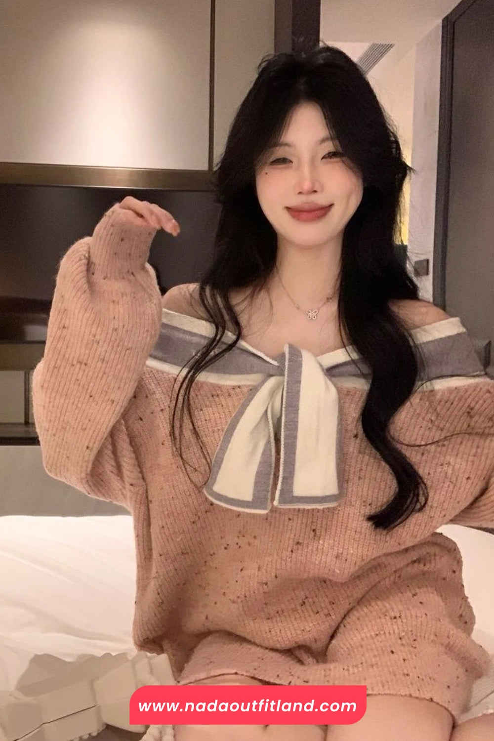 Long Sleeve Off Shoulder Sweet Bow Knitted Sweater