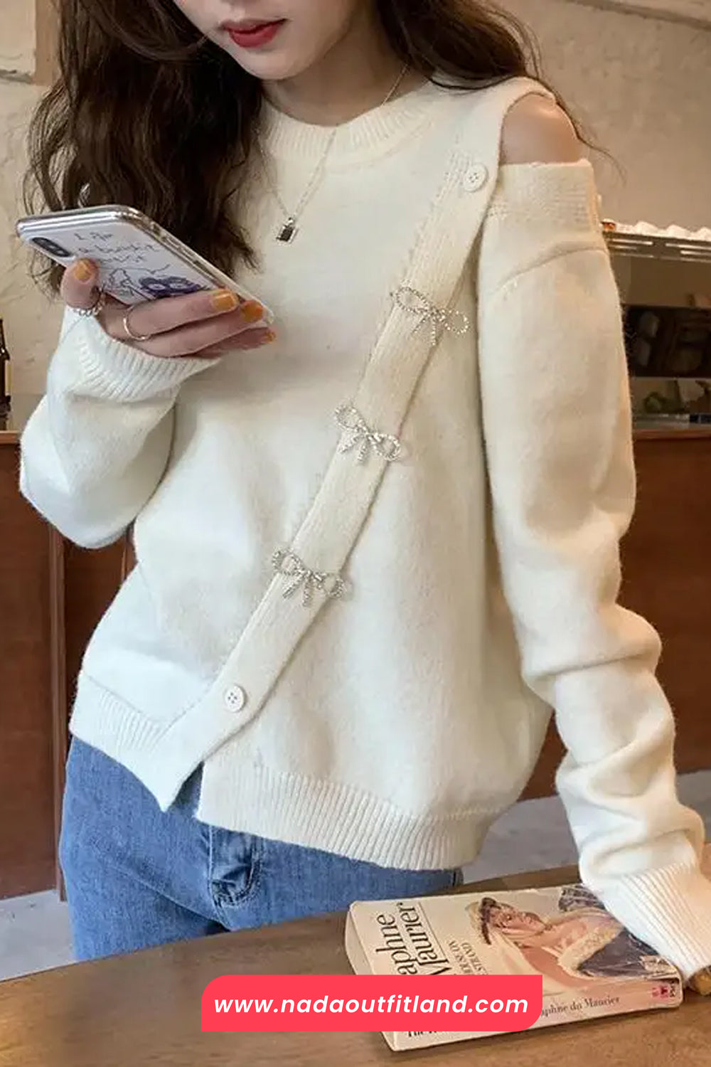 Long Sleeve Off Shoulder Bow Pins Sweater