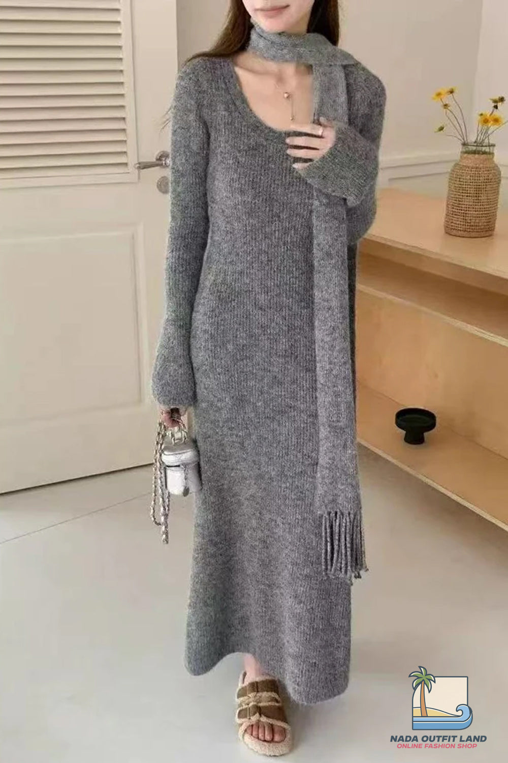 Long Sleeve Vintage Kniited Slim Fit Dress With Scarf
