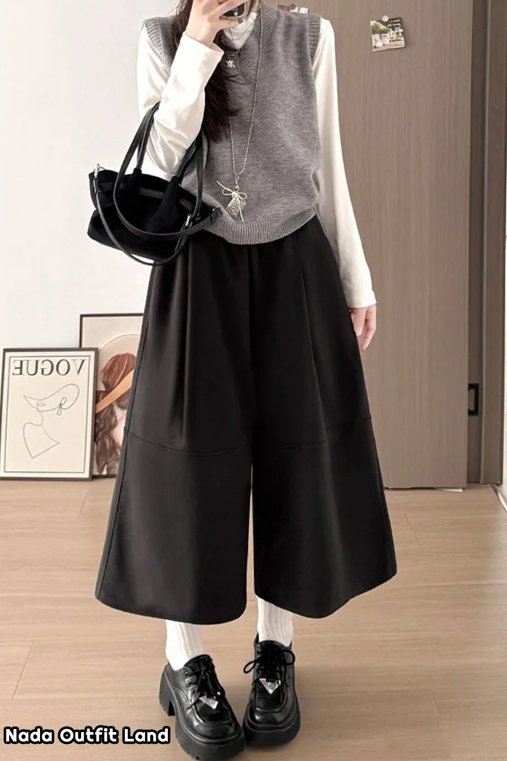 High Waist Knee Length Vintage Woolen Pants