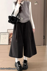 High Waist Knee Length Vintage Woolen Pants