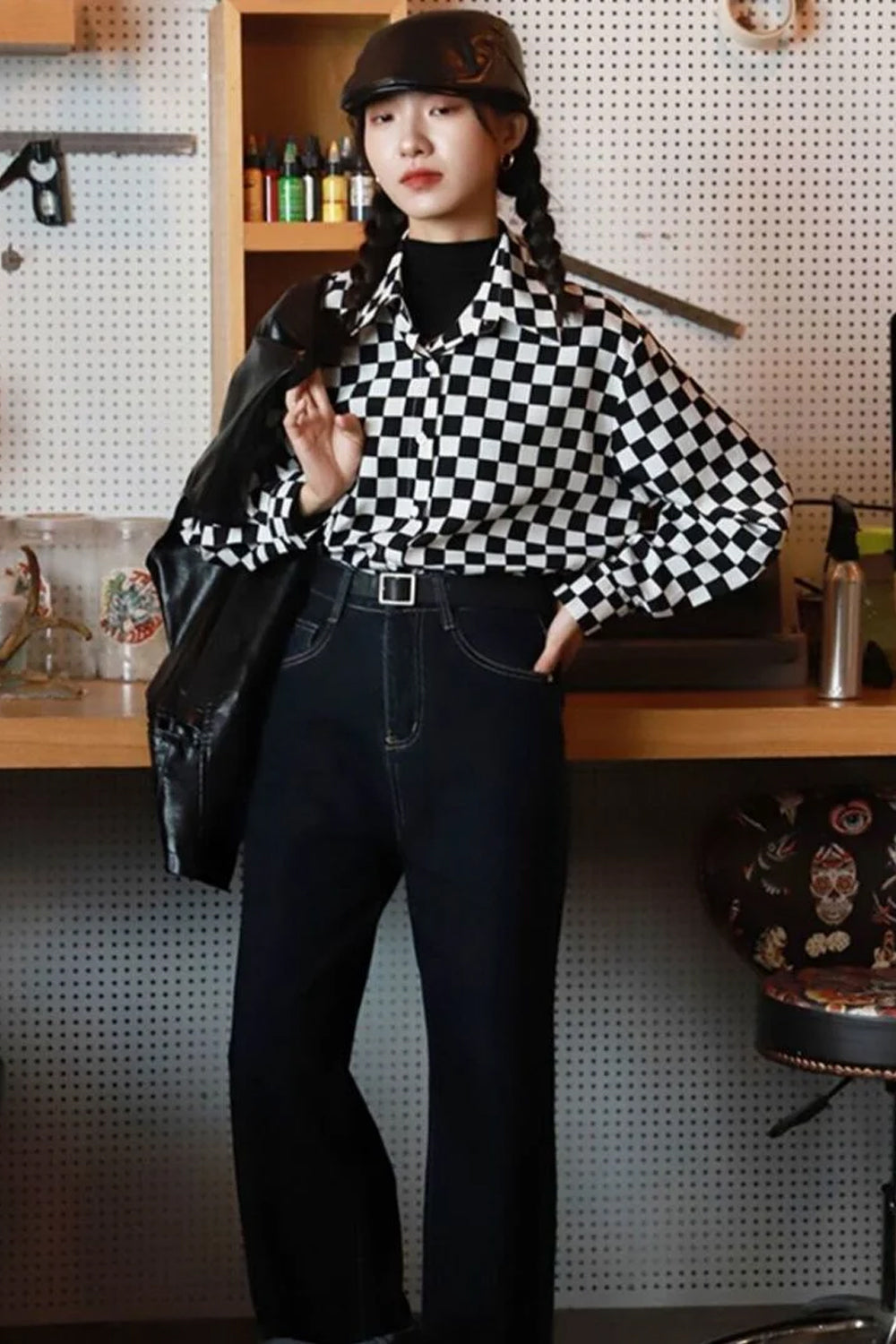 Long Sleeve Checkered Pattern Casual Blouse Shirt