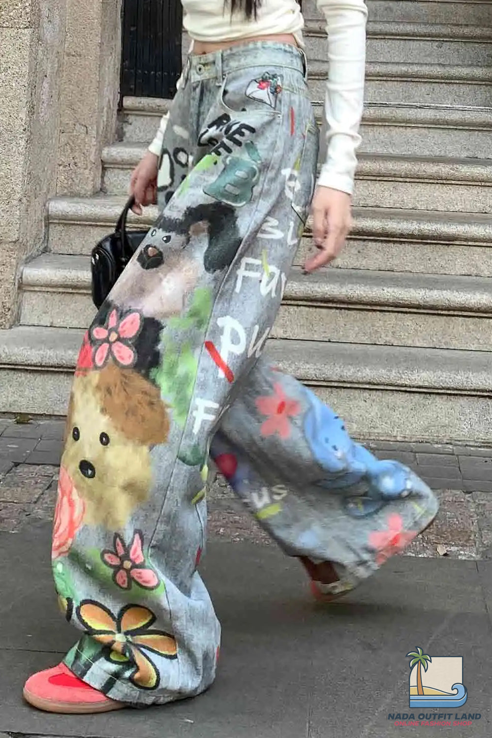 Loose Cute Doodle Animal Printed Jeans Pants