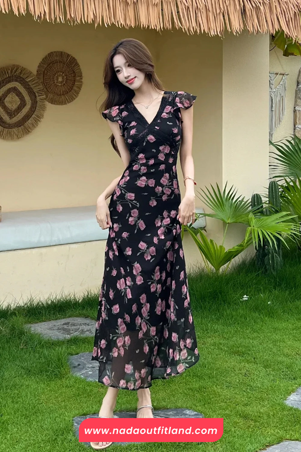 V-Neck Retro Floral Pattern Black Chiffon Long Dress