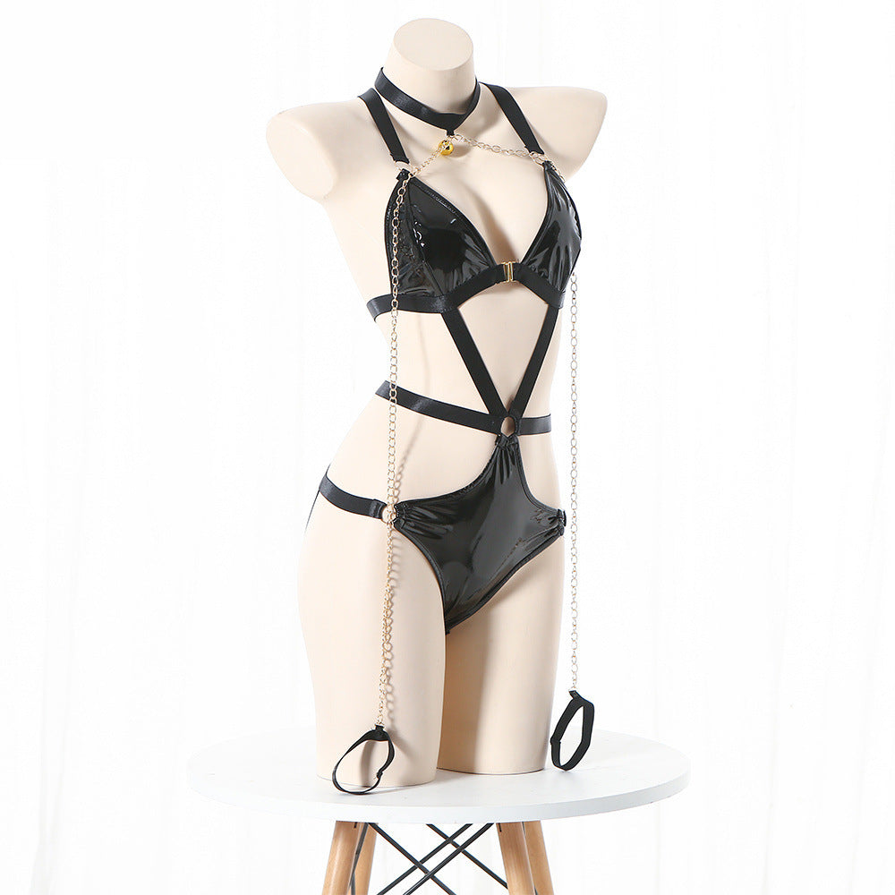 Naughty Harness Bodysuit Faux Leather Lingerie HubLai Sex Teddy
