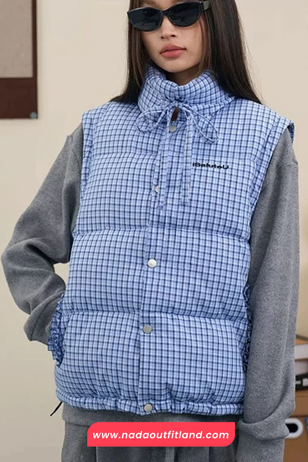 Blue Plaid Pattern Removable Sleeve Parkas Puffy Jacket