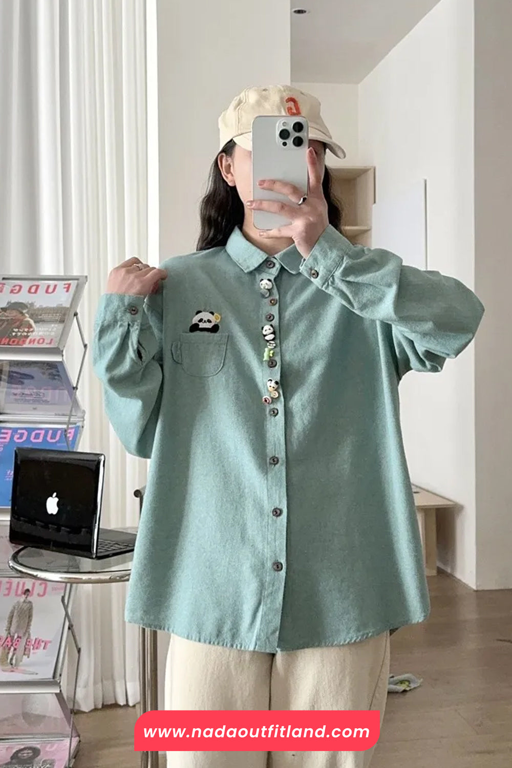 Long Sleeve Cute Panda Embroidered Button Blouse Shirt