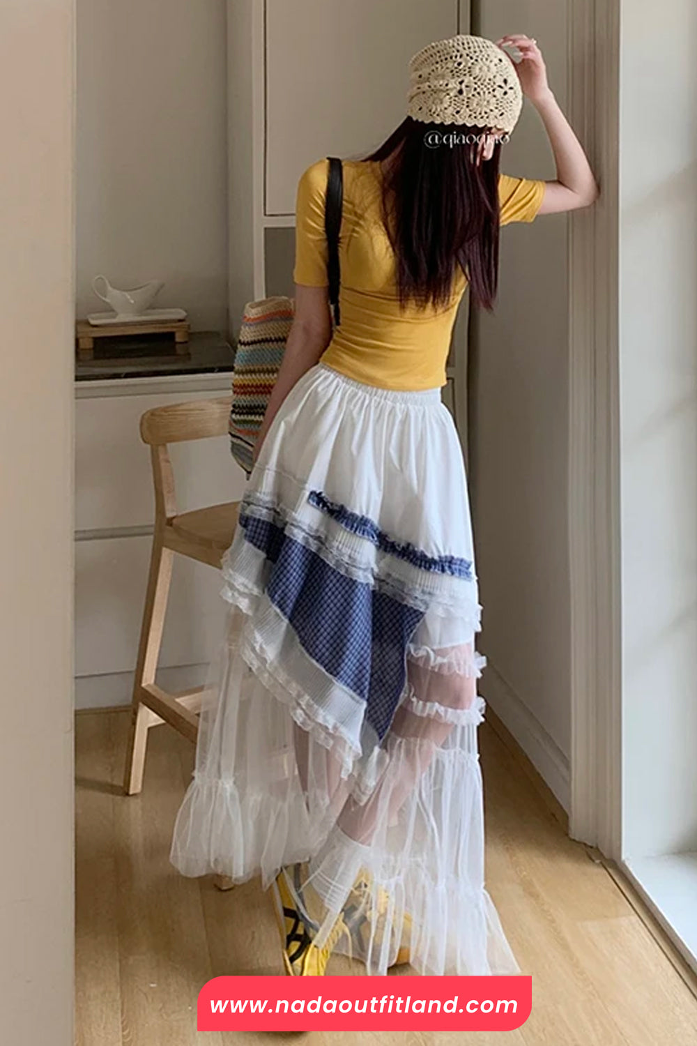 High Waist Irregular Plaid Lace Mesh Casual Skirts