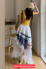 High Waist Irregular Plaid Lace Mesh Casual Skirts