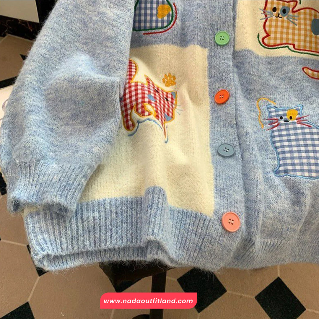 Long Sleeve Cat Embroidered Colorful Button Cardigan Sweater