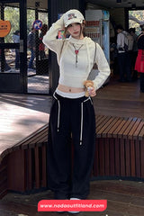Long Sleeve Cropped Style Hooded Knitted Sweater