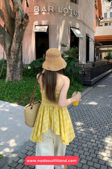 Loose Casual Yellow Plaid Irregular Style Tank Top