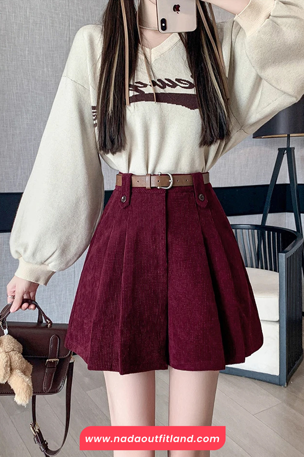 High Waist A-Line Pleated Corduroy Mini Skirts