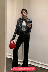 Long Sleeve Cropped Leather Black Jacket