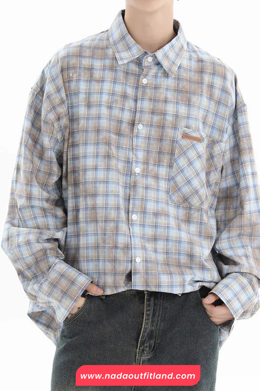 Long Sleeve Retro Plaid Tie Dye Style Blouse Shirt