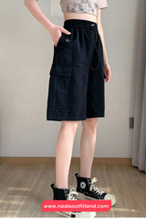 Elastic Waist Cargo Pockets Knee Length Shorts