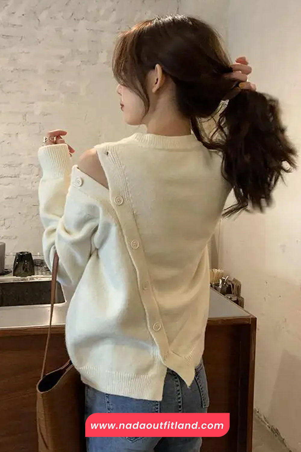 Long Sleeve Off Shoulder Bow Pins Sweater
