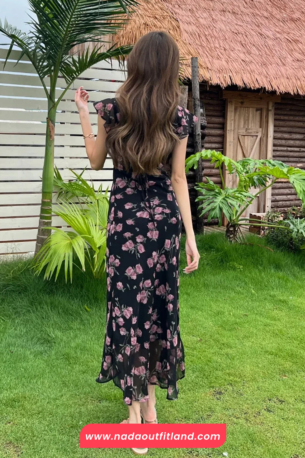 V-Neck Retro Floral Pattern Black Chiffon Long Dress