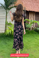 V-Neck Retro Floral Pattern Black Chiffon Long Dress