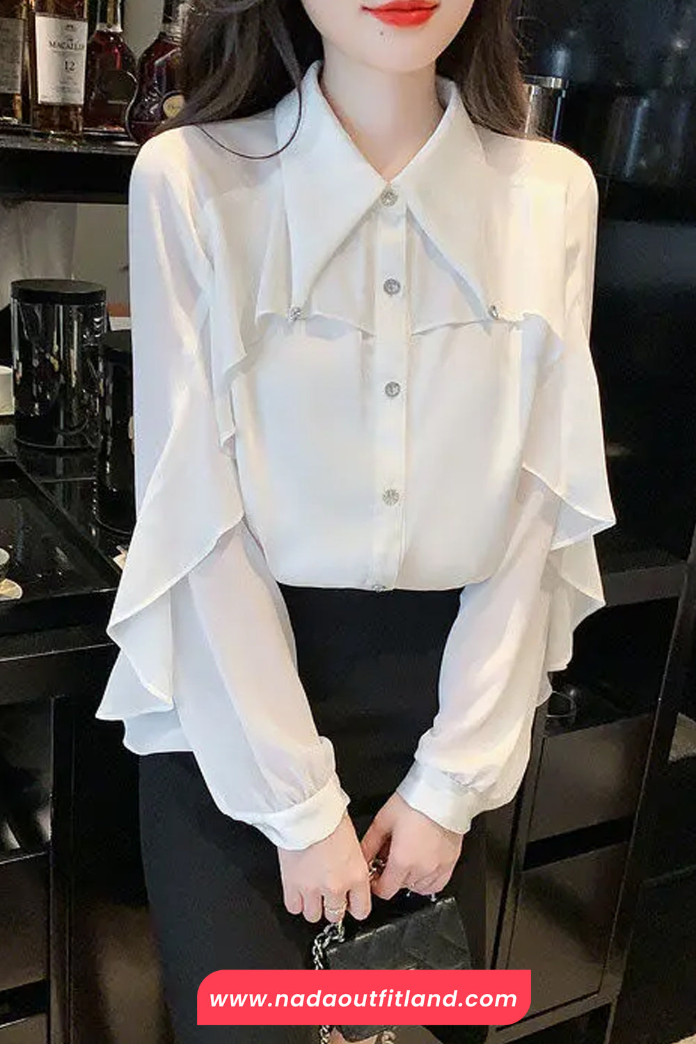 Long Sleeve Ruffled Style Chiffon Blouse Shirts