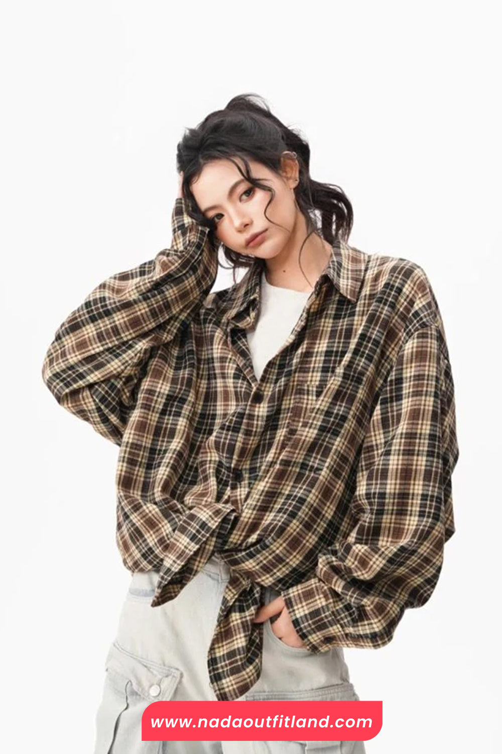 Loose Long Sleeve Retro Plaid Pattern Blouse Shirt