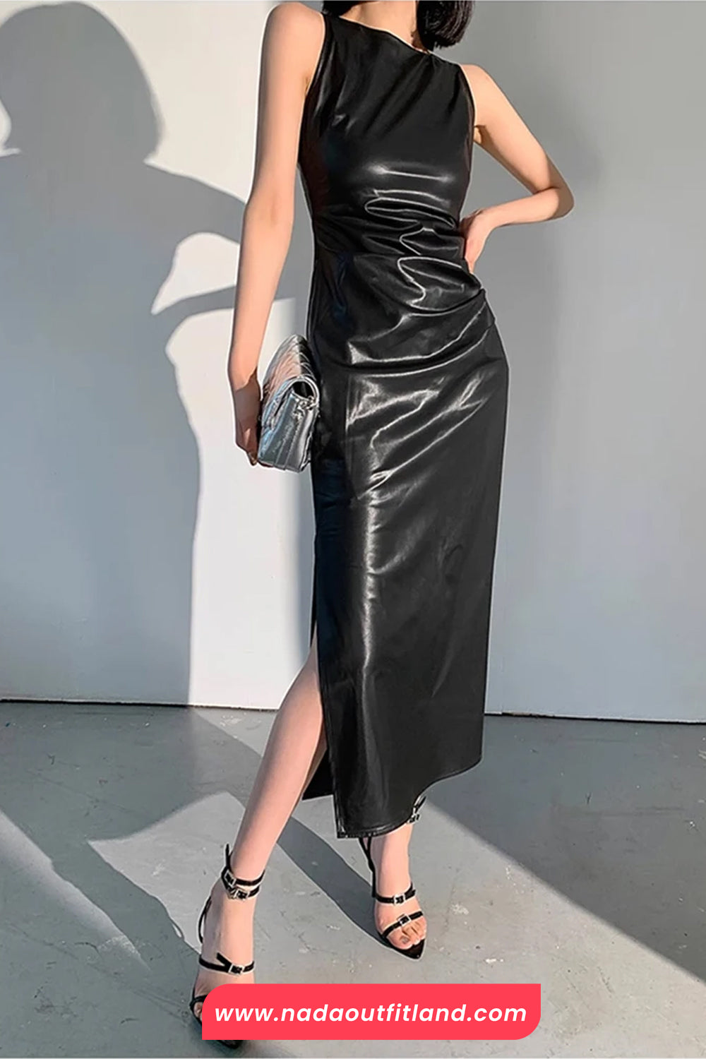 Soft Faux Leather Slim Fit Long Dress
