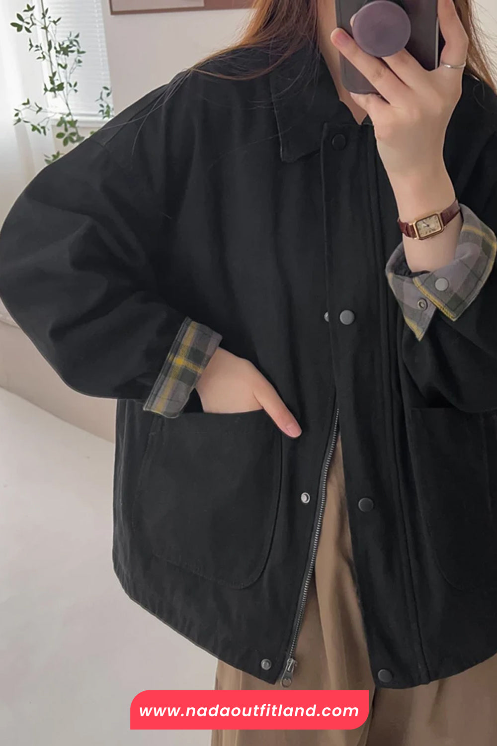 Long Sleeve Turn Down Collar Cargo Pockets Jacket