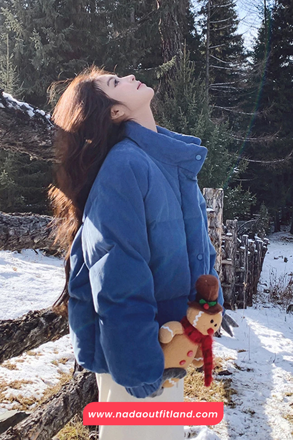 Vintage Blue Stand Collar Puffer Coat Jacket