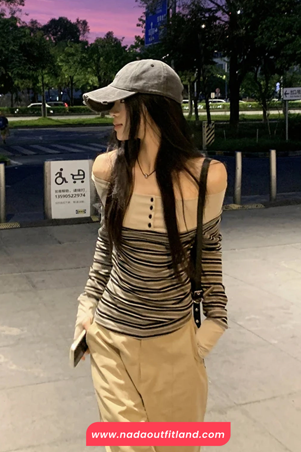 Long Sleeve Slash Neck Striped Cropped Slim Shirt