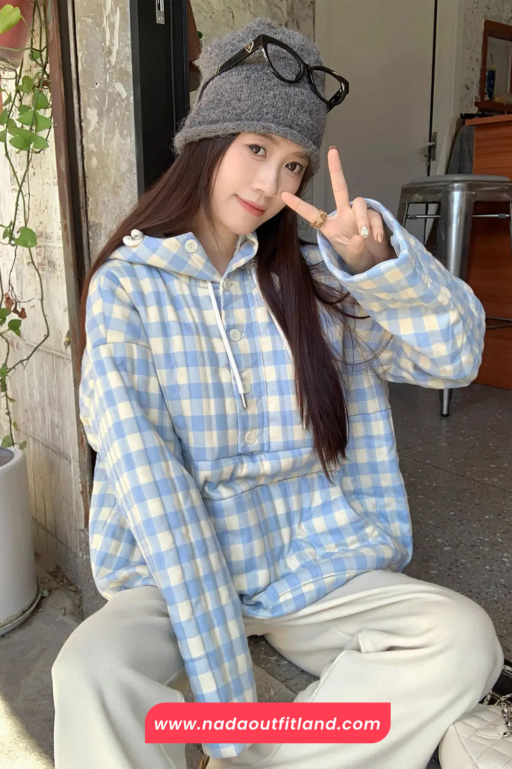 Long Sleeve Blue Plaid Hooded Puffer Coat Jacket