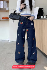 Cute Puppy Pattern Embroidered Retro Jeans Pants