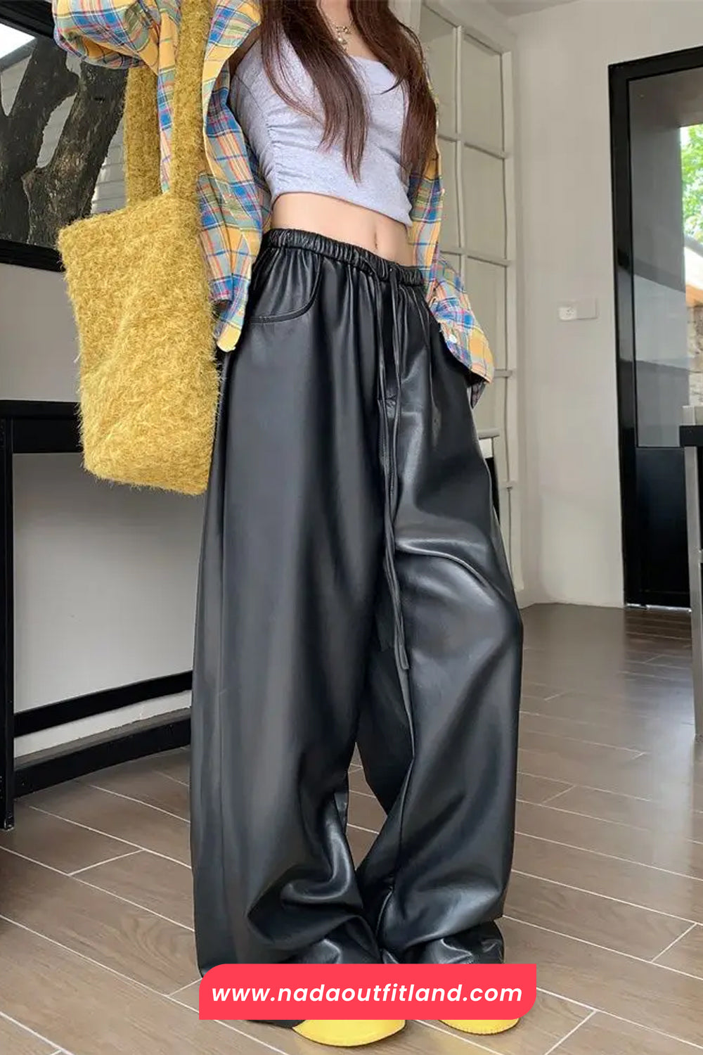 High Waist Loose Elastic Black Leather Women Pants
