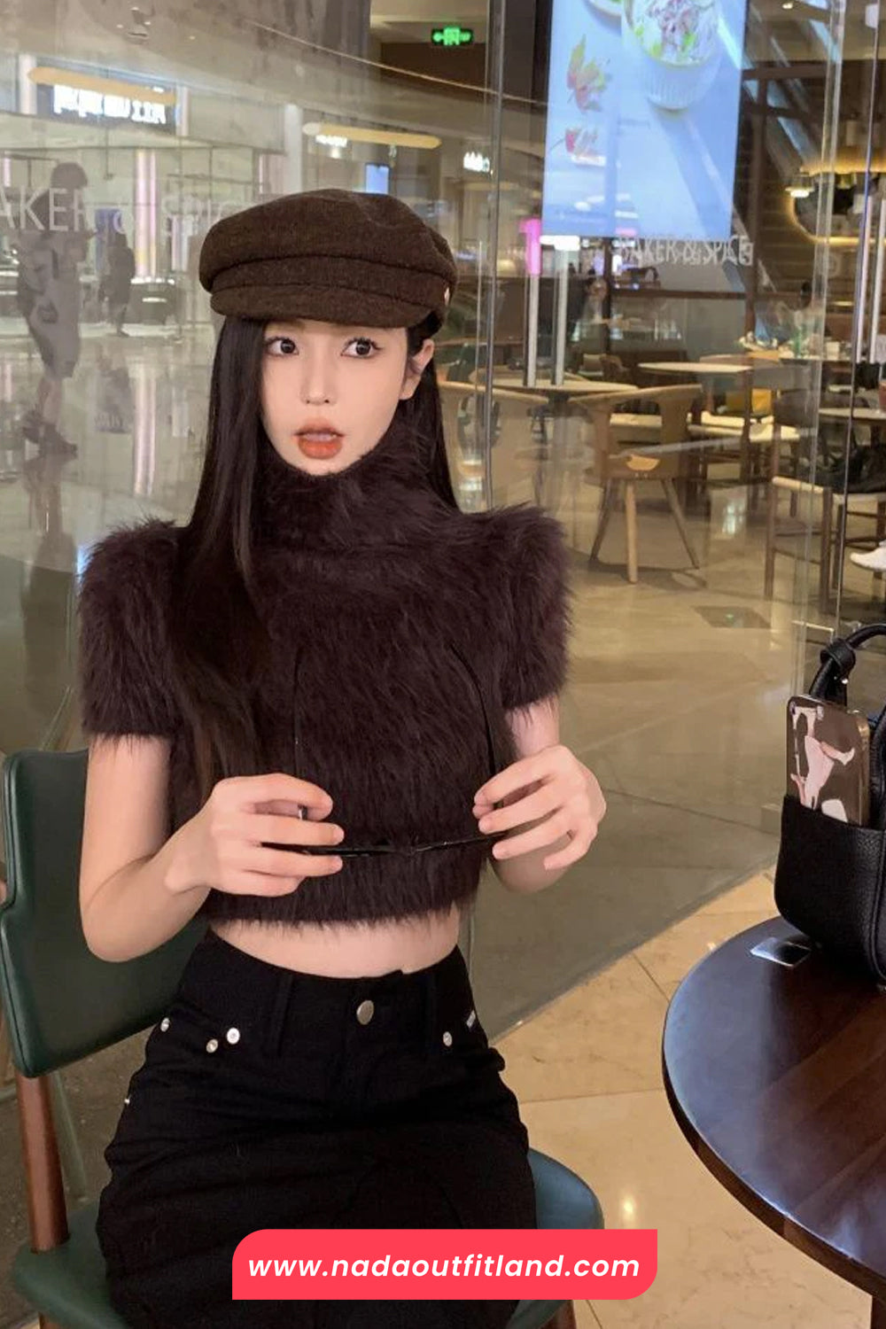 Short Sleeve Turtleneck Faux Fur Cropped Shirt