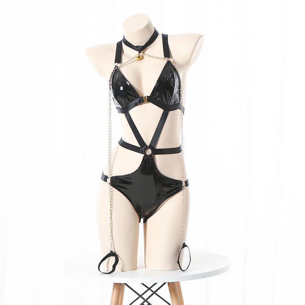 Naughty Harness Bodysuit Faux Leather Lingerie HubLai Sex Teddy