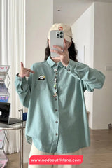Long Sleeve Cute Panda Embroidered Button Blouse Shirt